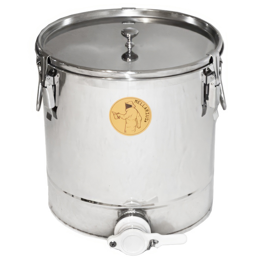 Abfüllkübel 25 kg aus Edelstahl und drei Spannverschlüssen Mellarius