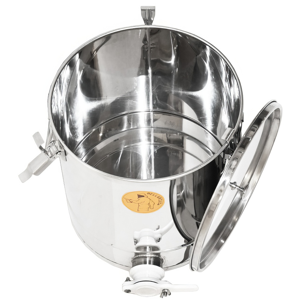 Abfüllkübel 25 kg aus Edelstahl und drei Spannverschlüssen Mellarius