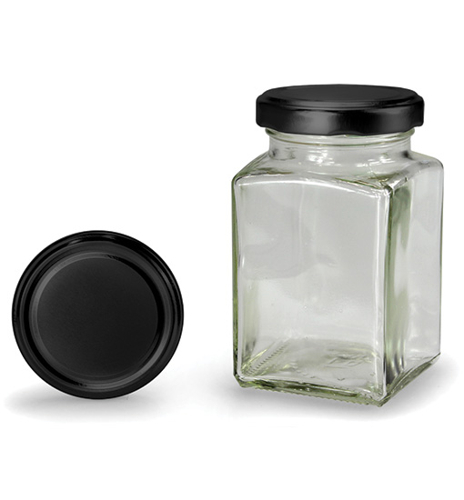Viereckiges Glas mit schwarzem Deckel 260 ml (TO 58)