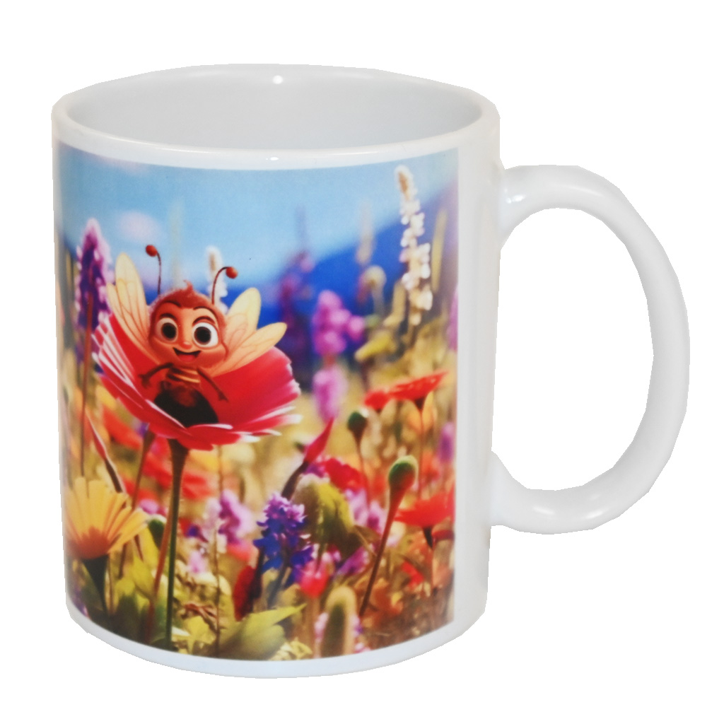 Tasse mit kindlichem Motiv einer Biene in der Blüte