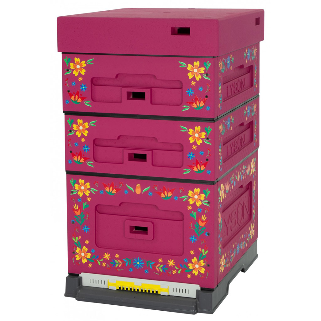 Dadant OPTIMA Bienenstock, lackiert (dunkelrosa), Druck - Blumen, entfaltet